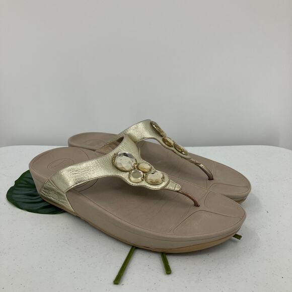 FitFlop Gold Beige Faux Jewels Lulu Toe-Post Lightweight Flip Flop Sandal Shoes - Picture 1 of 11